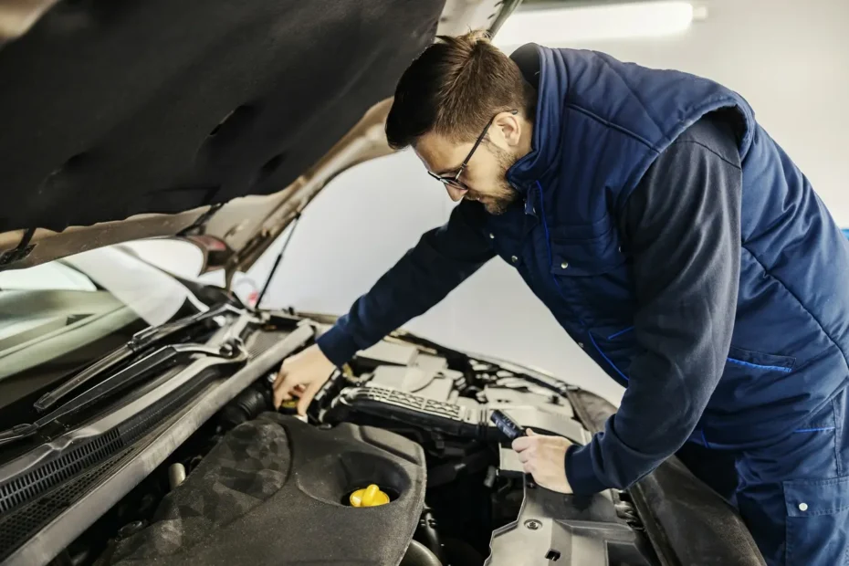mechanik zaglądający pod maskę samochodu